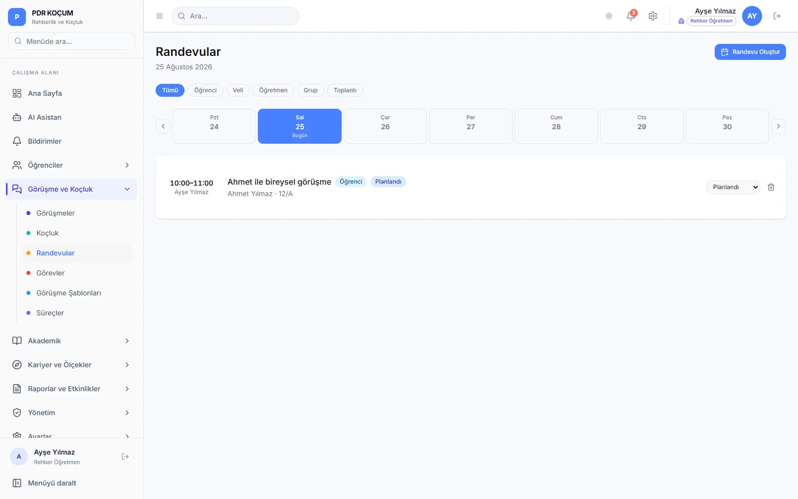Randevu ve Etkinlik Planlama: Randevu takvimi